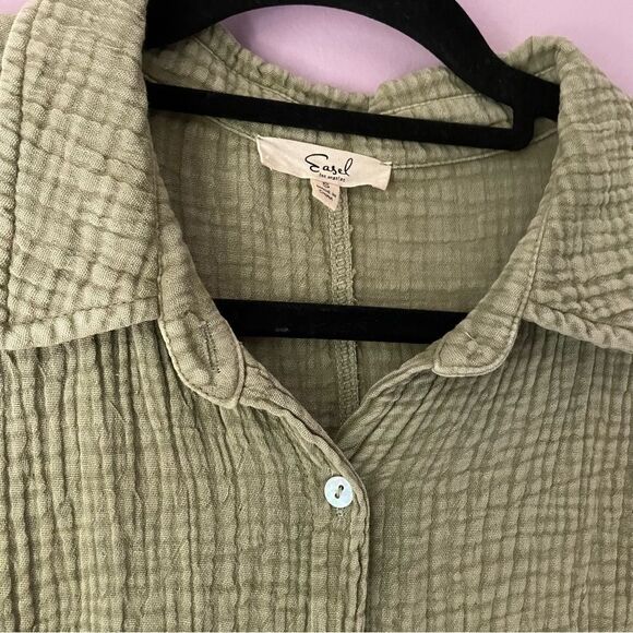 Easel Gauzy Top S Green Boho Dolman Half Sleeve Tie Front Button Collar - Picture 4 of 8